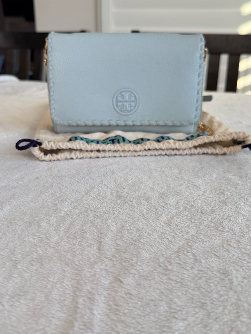 Tory Burch Pale Blue Leather Crossbody with Whipstitch Trim